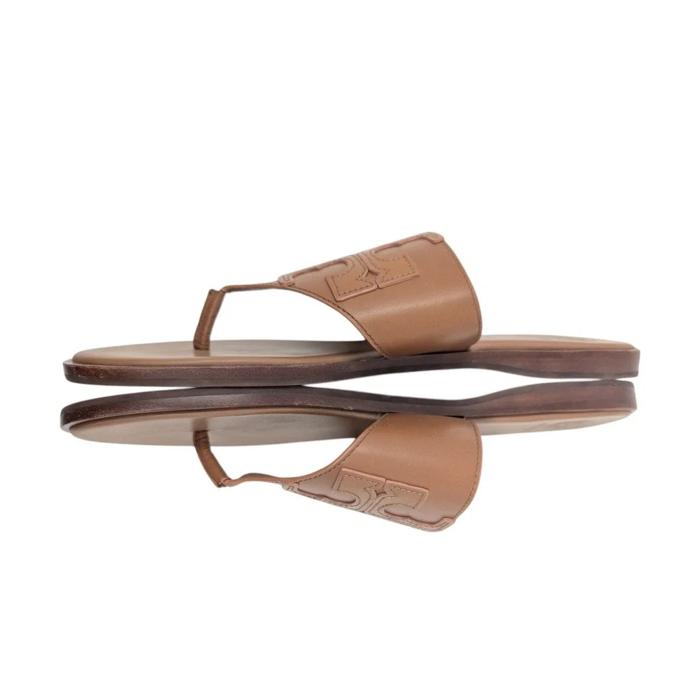 Tory Burch Weston Tan Leather Double T Logo Thong Sandals Size 9.5